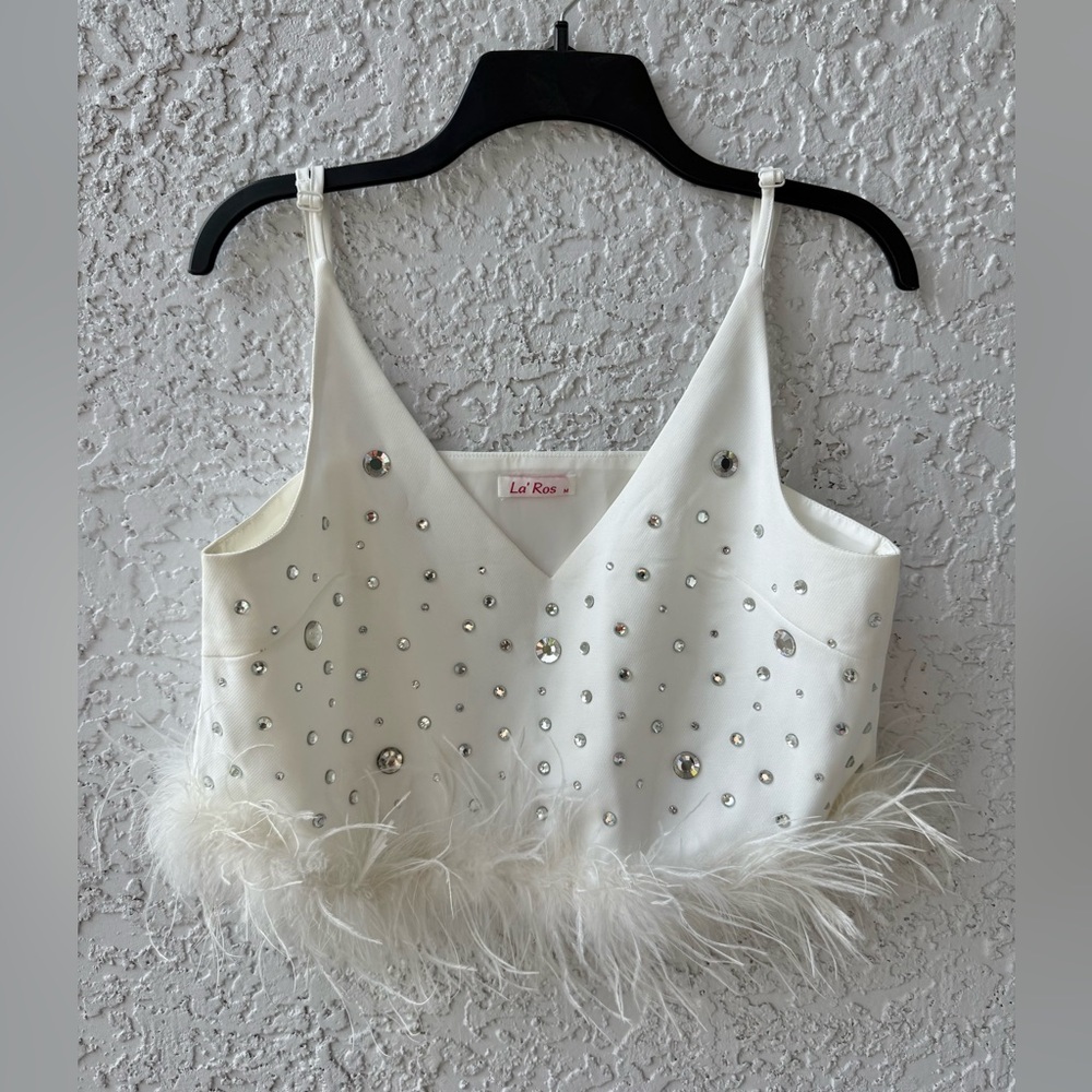 La’ Ros White V-neck Feather Crop Top with crystals Medium